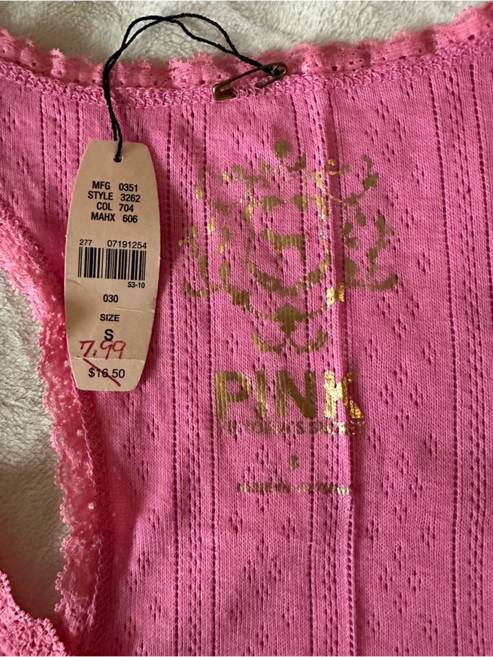 PINK Victoria's Secret Hot Pink Ribbed Lace-Trim Tank Y2K - Picture 4 of 7